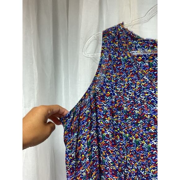 Anthropologie Maeve Womens Blue Print Button Up V-Neck boho Pleated Tank Top L - Picture 3 of 8